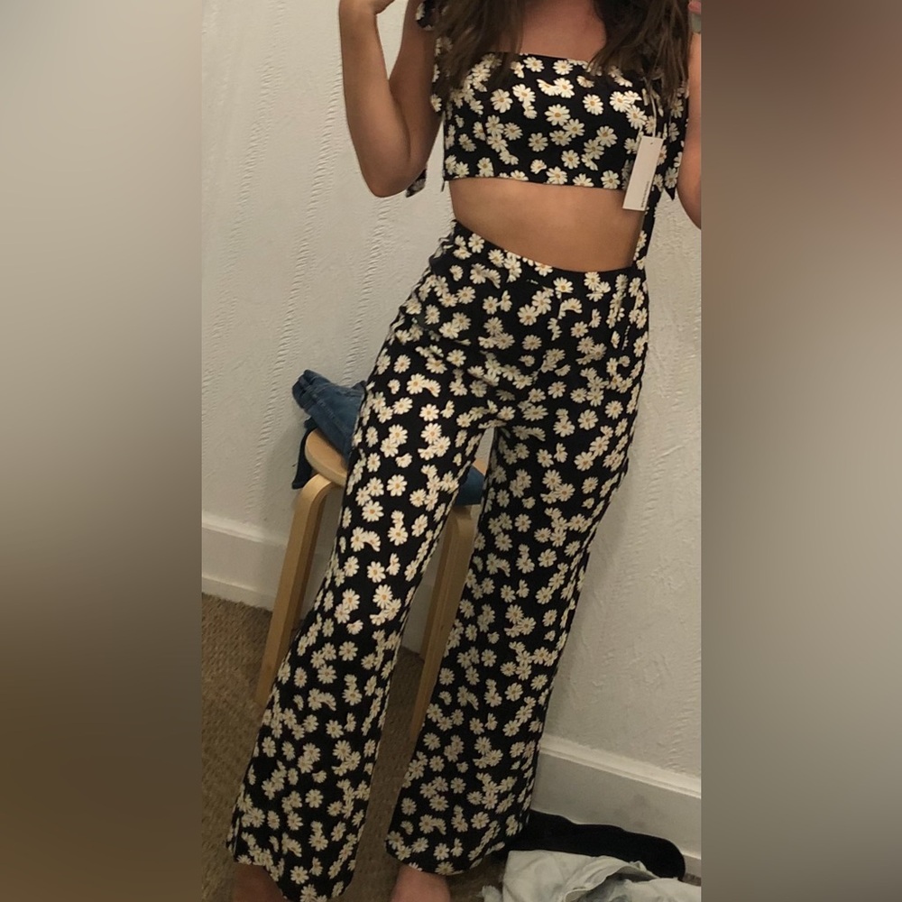 Reformation Black Daisy Two-Piece Crop Top & Wide Leg Pants
